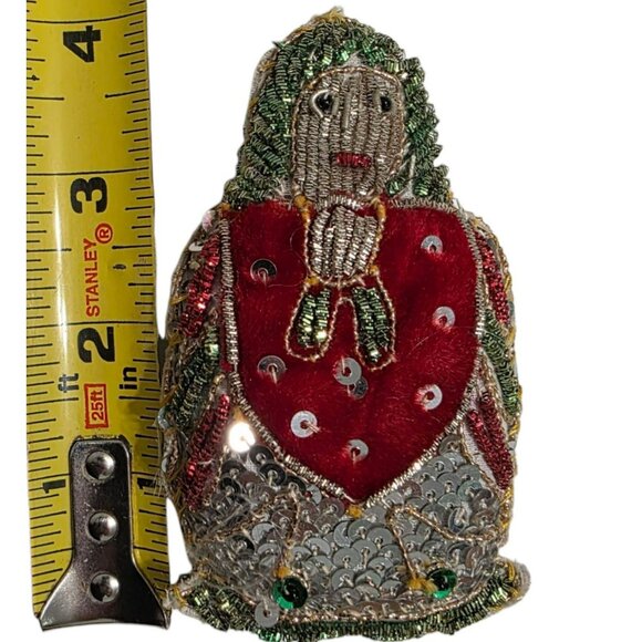 Vintage Beaded Sequin Doll Ornament Red Velvet Silver Christmas Matryoshka Girl - Picture 7 of 7